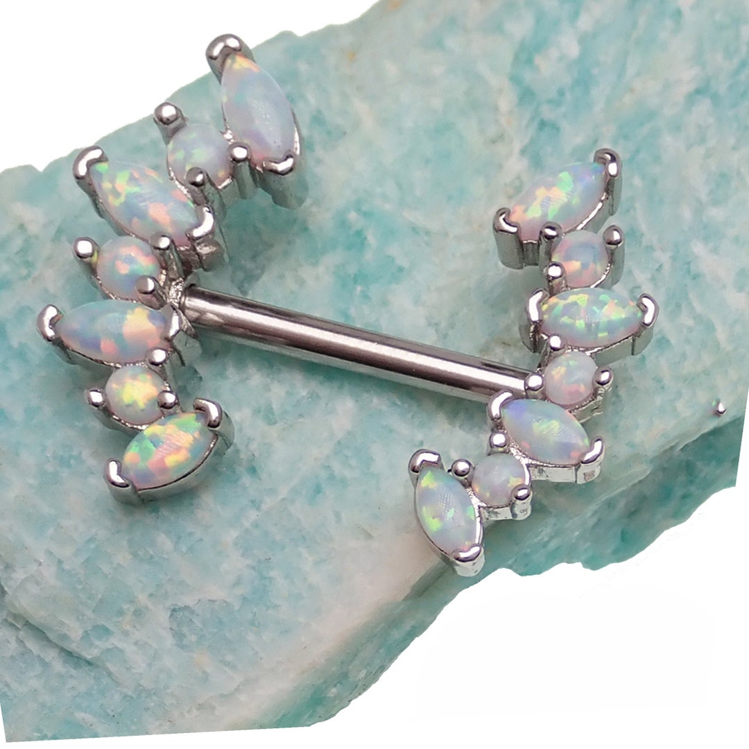 Pair of White Opal Cluster Surgical Steel Nipple Bars 14g