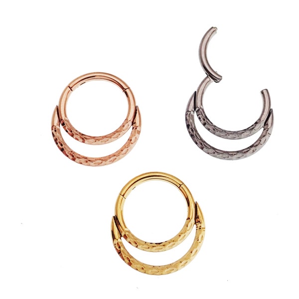 Hammered PVD Rose Gold / Gold / Silver Double Row Implant Titanium Clicker . septum, daith piercings. 18G or 16G