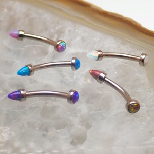 16G micro 3mm Titanium Internally Threaded Curve Bar Fire Opal Flat End & cone spike opal end, vertical lip, eyebrow, helix,rook
