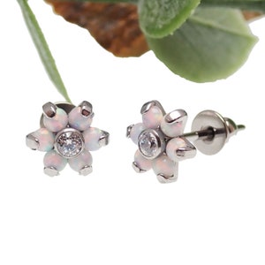 Pair of White Opal 6mm Flower Implant Titanium Hypoallergenic Earrings - For Sensitive Ears