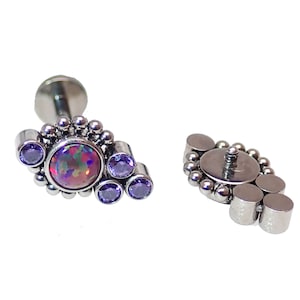 Purple CZ & Royal Lavender Opal Beaded Cluster Implant Titanium Flatback Piercing 18g, 16g, 14g