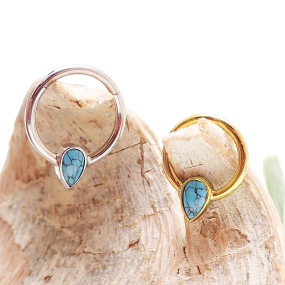 Implant Grade Titanium Blue Bezel Opal Septum Cartilage Daith Hinged Clicker Implant Grade Titanium Blue Bezel Opal Septum Cartilage Daith Hinged Clicker