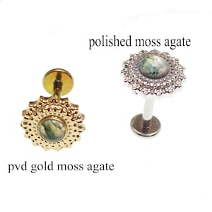 Moss Agate mandala  design Implant Titanium Flatback Piercing 18g, 16g, 14g, Single Piercing