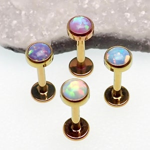 14g Rose Gold Titanium Internally Threaded Flat Opal Top Lip Ring ( Heliux, Cartilage, Labret, Conch, Tragus, Medusa, Monroe )