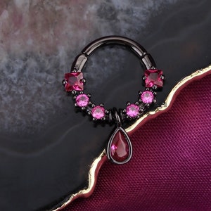 16g PVD Black Amethyst or Cerise CZ Teardrop 8mm Surgical Steel Clicker