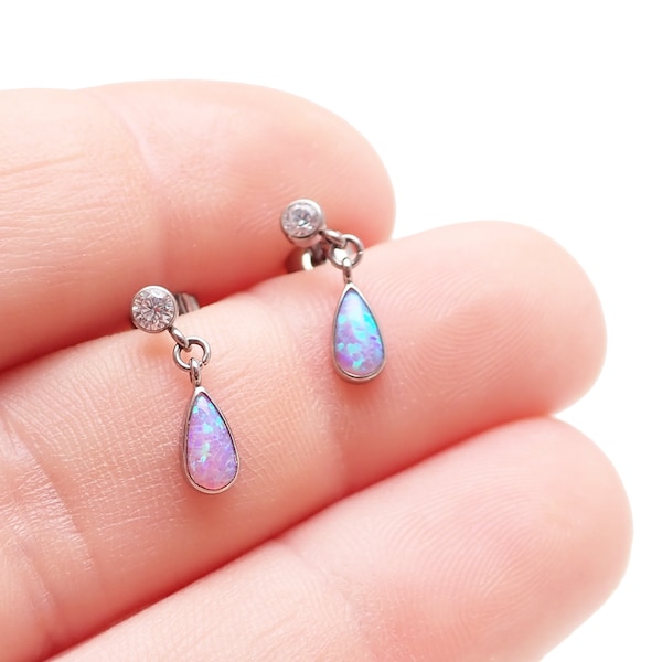 Implant grade Titanium Bubblegum fire opal/ clear CZ earrings ,Sensitive ear, pair, hypoallergenic dangle earrings ,non tarnish