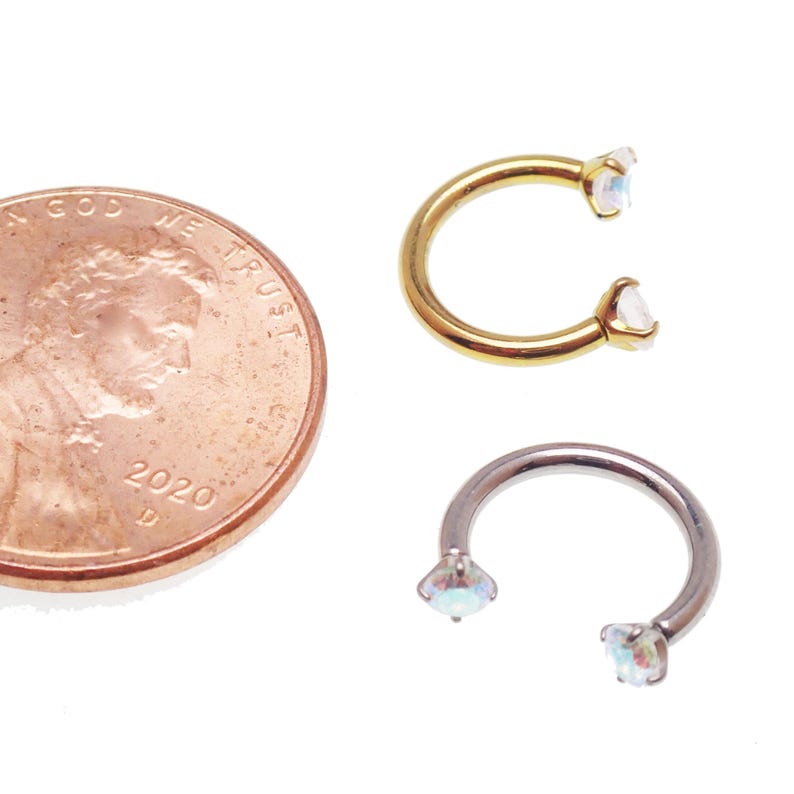 May include: Two horseshoe-shaped body jewellery pieces, one gold-toned and one silver-toned, each with a clear, iridescent gem at each end. A copper penny is next to the jewellery. The penny is dated 2020.