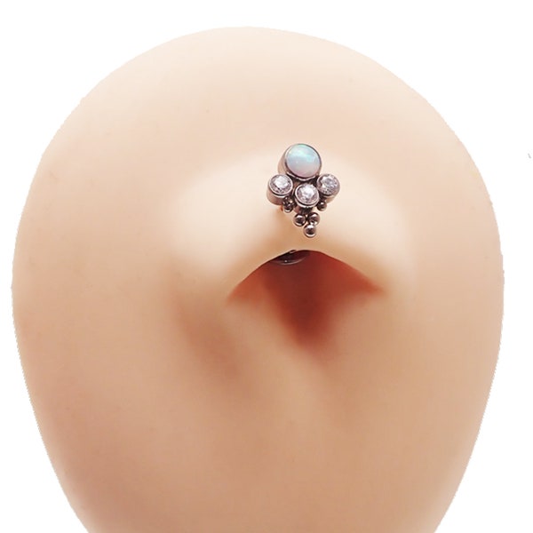 Floating Implant Titanium Belly Piercing, 14g Curved Barbell with Flat Bottom End, Navel Ring, White Opal Cluster