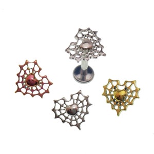 Web Heart implant titanium with flat back internally threaded bar 18g, 16g, 14g, helix, lip, conch, tragus, philtrum, flat piercing