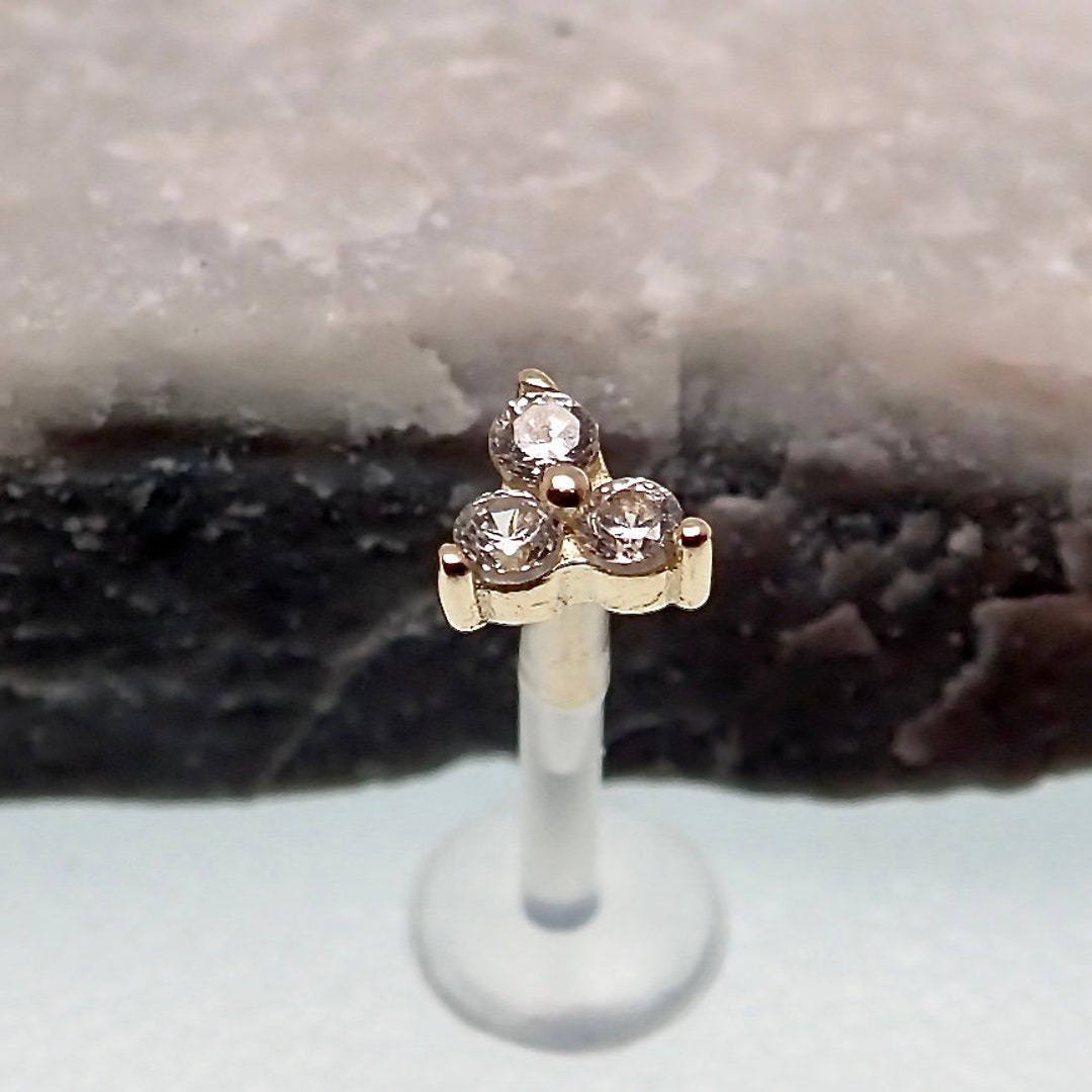 16g Solid 14k Gold CZ Crystal Gem Tri Cluster With Bioflex - Etsy