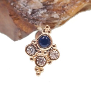 14k Gold Sapphire Blue & Clear CZ Cluster Push Fit Flatback