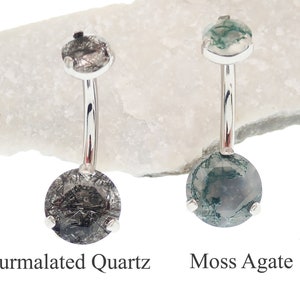 Moss Agate or Tourmalinated Quartz- Implant Titanium Belly Piercing- Internally threaded 14g 10mm, Natural Stone, hypoallergenic