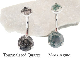 Moss Agate or Tourmalinated Quartz- Implant Titanium Belly Piercing- Internally threaded 14g 10mm, Natural Stone, hypoallergenic