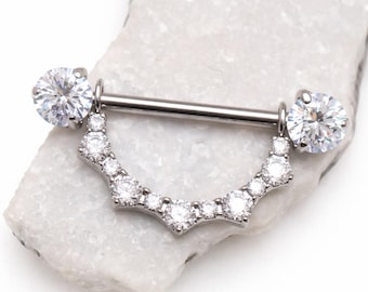 16g,14g or 12g implant Titanium Cubic Zirconia Stone shield Cluster Nipple Ring Barbell, Threadless 14mm/ 16mm