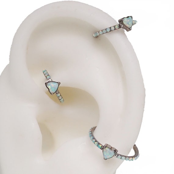 Implant Grade Titanium White Opal Heart Hinged Daith Clicker Hoop Implant Grade Titanium White Opal Heart Hinged Daith Clicker Hoop