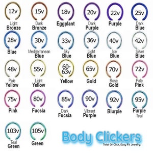 Puede incluir: Un gr&aacute;fico de 18 anillos de clic corporal de diferentes colores, cada uno con un tama&ntilde;o y color diferente. Los tama&ntilde;os van desde 12v hasta 105v. Los colores incluyen bronce claro, bronce oscuro, berenjena, morado oscuro, morado, azul oscuro, azul, azul mediterr&aacute;neo, azul cielo, azul claro, azul hielo, azul plateado, amarillo p&aacute;lido, amarillo claro, amarillo, oro, oro rosa, rosa p&aacute;lido, rosa, fucsia, fucsia oscuro, morado vibrante, blurple y azul turquesa.