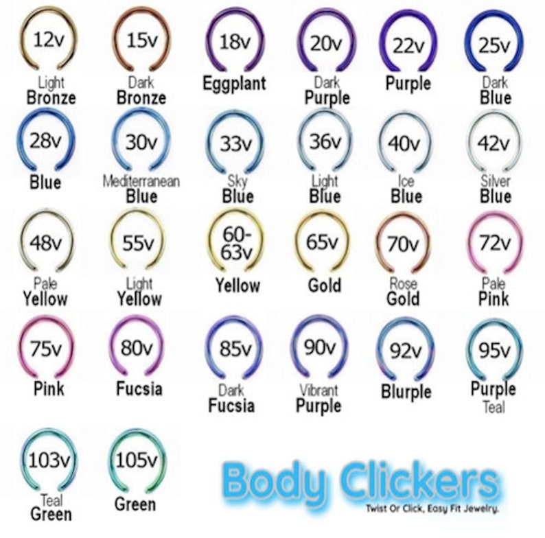 Puede incluir: Un gr&aacute;fico de 18 anillos de clic corporal de diferentes colores, cada uno con un tama&ntilde;o y color diferente. Los tama&ntilde;os van desde 12v hasta 105v. Los colores incluyen bronce claro, bronce oscuro, berenjena, morado oscuro, morado, azul oscuro, azul, azul mediterr&aacute;neo, azul cielo, azul claro, azul hielo, azul plateado, amarillo p&aacute;lido, amarillo claro, amarillo, oro, oro rosa, rosa p&aacute;lido, rosa, fucsia, fucsia oscuro, morado vibrante, blurple y azul turquesa.