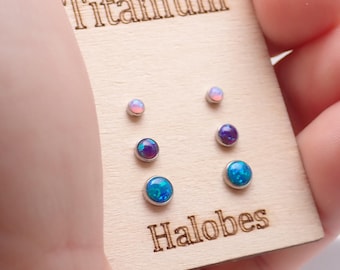 pic & mix ,Implant grade titanium earrings 3 pairs gift set, Cabochon Fire Opals ,Hypoallergenic titanium - For Sensitive Ears- gift box