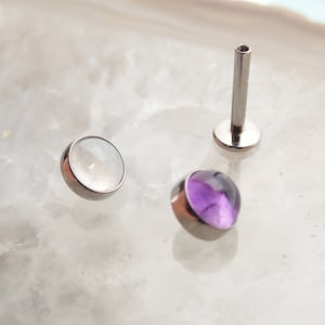 Amethyst / Cloudy Moonstone Natural Stone Implant Titanium Flatback Top 14g