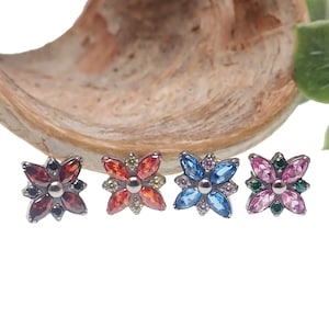 internally threaded implant titanium CZ Blooming Flower Flatback Piercing 18g, 16g, 14g, helix, lip, flat piercing