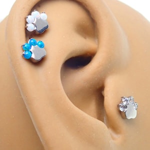 internally threaded ,Paw Print Opal / CZ Implant Titanium Flatback Piercing 18g, 16g, 14g