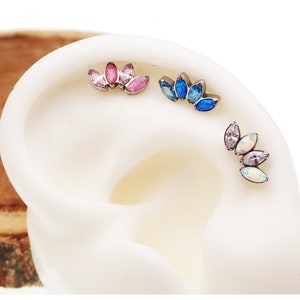 Internally threaded implant titanium, Opal & CZ , Flatback Piercing 18g, 16g, 14g.  Fire opal, helix, conch, flat, tragus cartilage piercing