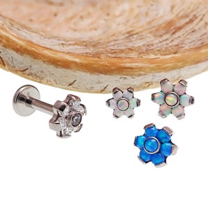 Titanium Threadless Push Fit White Fire opal, Peacock Blue opal, or CZ Flower Flat Back 18g, 16g (sold in singles)
