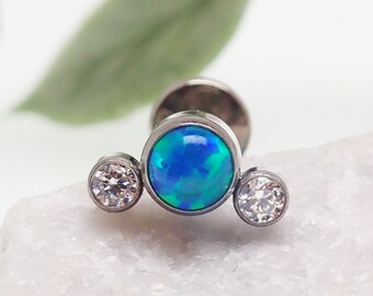 Peacock Blue Opal & Clear CZ Small Cluster Implant Titanium Flatback Piercing 18g, 16g, 14g