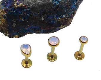 Lot de 3 implants en titane, anodisé doré, opaline, goutte d'eau, labret à dos plat 20 g, 18 g, 16 g, 14 g, triple hélice, cartilage, lèvre, tragus