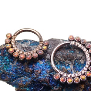Dark Cherry Opal and Champagne CZ 8mm, 10mm Titanium Clicker · Septum/Helix/Conch/Daith · 16g