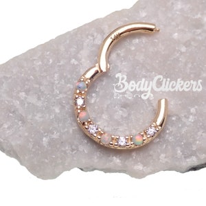 Anillo clicker con bisagras de ópalo y oro blanco macizo de 14 k de oro amarillo de 16 g (1,2 mm) Septum, Daith, Hélice, Cartílago, Tragus, Smiley, Web 8 mm