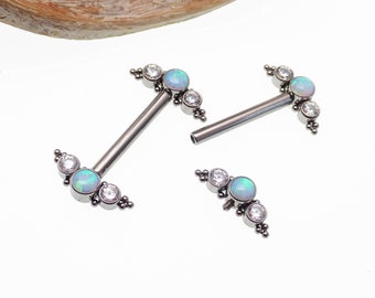 Titanium Forrest White Fire Cabochon Opal Stone Cluster Nipple Rings, 14g or 12g , internally threaded , implant titanium