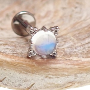 Può includere: Un piercing labret color argento con una pietra di luna rotonda e iridescente. La pietra di luna ha un colore bianco e blu ed è tenuta in posizione da un'incastonatura a quattro punte. Il piercing ha un retro piatto e una piccola sfera rotonda all'altra estremità.