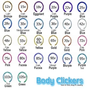May include: A chart of 18 different colored body clicker rings, each with a different size and color. The sizes range from 12v to 105v. The colors include light bronze, dark bronze, eggplant, dark purple, purple, dark blue, blue, Mediterranean blue, sky blue, light blue, ice blue, silver blue, pale yellow, light yellow, yellow, gold, rose gold, pale pink, pink, fuchsia, dark fuchsia, vibrant purple, blurple, and purple teal.
