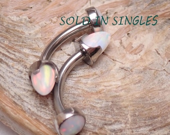 Barre courbe titane 16 g (1,2 mm) filetée à l'intérieur, opale de feu 4 mm, extrémité plate et pointe conique opale, lèvre verticale, sourcil, hélice, ventre