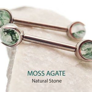 MOSS AGATE  Implant Titanium internally threaded claw set opal nipple bar rings- 12G 14G implant titanium nipple, industrial,barbell
