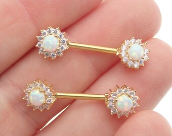 Pair of White Opal & Clear CZ Gold-Dipped Steel 12mm, 14mm, 16mm Nipple Bars 14g