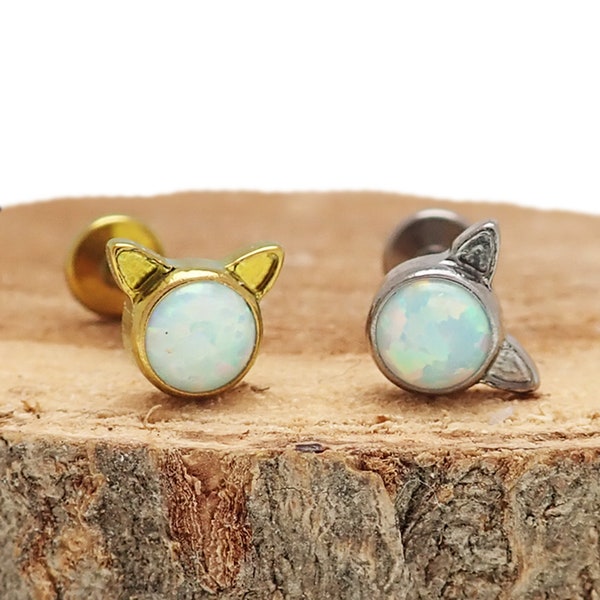Piercing de titanio con forma de gato de ópalo blanco, sin rosca, con parte trasera plana, de ajuste a presión (20 g, 18 g, 16 g y 14 g). Joyería profesional para piercings.