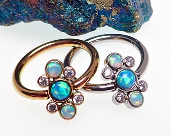 16g or 14g TITANIUM Aqua blue opal cluster rings, daith, helix, septum, conch ring, hypoallergenic titanium piercing