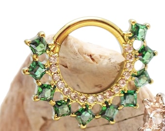Implant Titanium emerald and champagne , CZ Hinged Clicker Segment Hoop Ring 8mm /10mm (Daith,Septum) 16g
