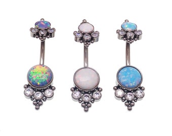 14g Implant Titanium White Fire Cabochon Opal Stone & Crystal Gem Bezel Set Belly Bar Ring