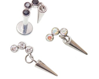 Piercing Helix de titânio com zircônia cúbica pendente, calibre 18g/16g/14g com rosca interna.
