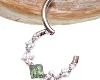 Titanium Moss Agate Clicker Hoop: CZ Gem Daith Septum Ring 16g