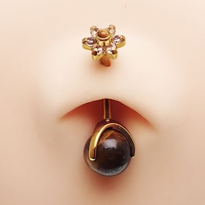 14g Implant Titanium 6mm-12mm Crystal Flower & Tigers Eye stone Prong Set Belly Bar Ring