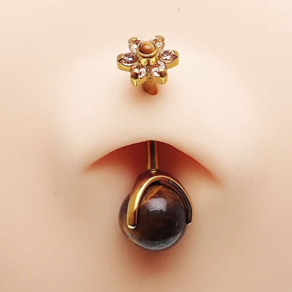 Implant titane, 14 g, 6 mm-12 mm, fleur de cristal et pierre d'oeil de tigre, ensemble de griffes, anneau abdominal