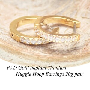 PVD gold implant titanium Hoop with CZ Inlaid , Hinged Hoop Earrings PAIR 20g, hypoallergenic, ideal gift