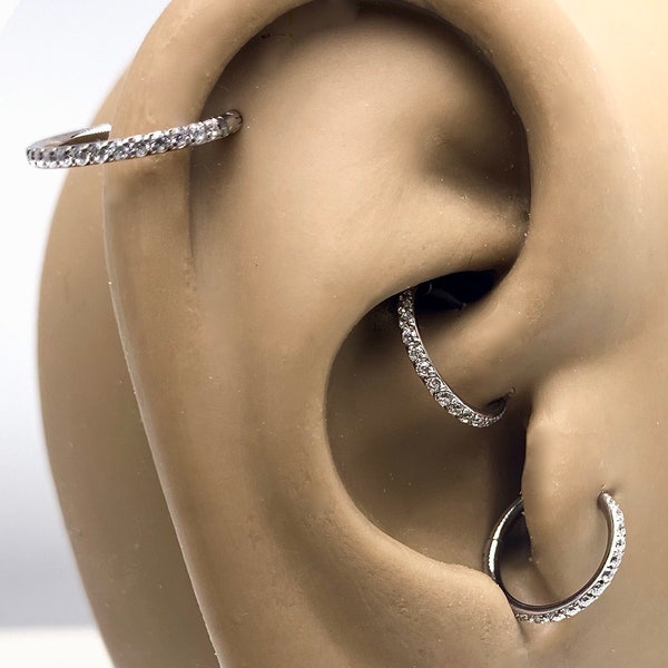 Clear Crystal Inlaid Side-Facing Titanium Clicker Hoop Earring · Conch/Daith/Helix/Rook/Septum · 16g/18g/20g