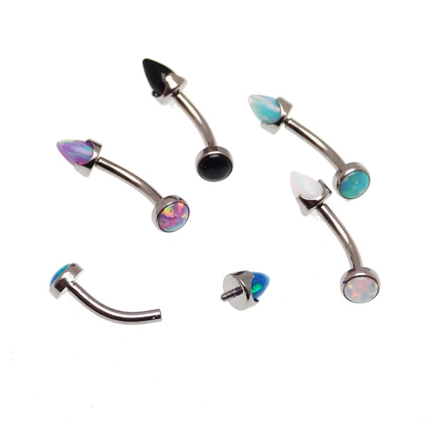 16G (1.2mm) Titanium Internally Threaded Curve Bar Fire Opal 4mm Flat End & cone spike opal end, vertical lip, eyebrow, helix, belly