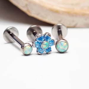 3-Set Aqua CZ & Moon Yellow Opal Implant Titanio Flatback Piercing 18g, 16g, 14g