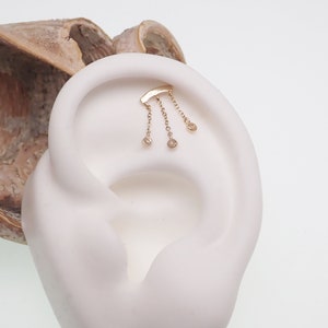 Piercing de hélice colgante con circonita cúbica en oro auténtico de 14 quilates y parte posterior plana de titanio, 20 g, 18 g, 16 g, 14 g, ajuste a presión sin rosca.